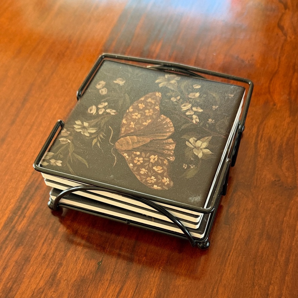 Primitives by Kathy Black and Brown Floral Butterfly Coasters